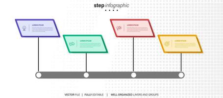elemento de design infográfico de linha do tempo e opções de número. conceito de negócio com 4 etapas. pode ser usado para layout de fluxo de trabalho, diagrama, relatório anual, web design. modelo de negócios de vetor para apresentação.