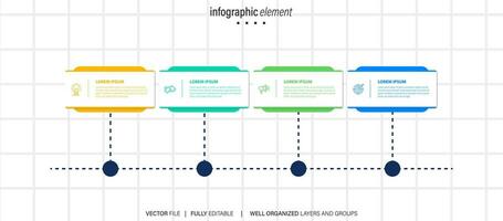 elemento de design infográfico de linha do tempo e opções de número. conceito de negócio com 4 etapas. pode ser usado para layout de fluxo de trabalho, diagrama, relatório anual, web design. modelo de negócios de vetor para apresentação.