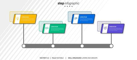 elemento de design infográfico de linha do tempo e opções de número. conceito de negócio com 4 etapas. pode ser usado para layout de fluxo de trabalho, diagrama, relatório anual, web design. modelo de negócios de vetor para apresentação.