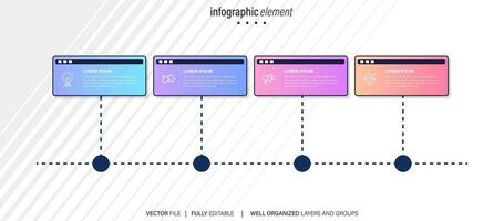 elemento de design infográfico de linha do tempo e opções de número. conceito de negócio com 4 etapas. pode ser usado para layout de fluxo de trabalho, diagrama, relatório anual, web design. modelo de negócios de vetor para apresentação.