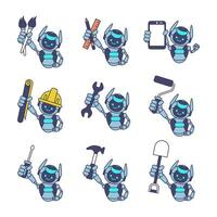 robô personagem segurando pincel, régua e lápis, telefone, projeto papel, chave inglesa, pintura rolo, Chave de fenda, martelo, pá. robô mascote ilustração vetor