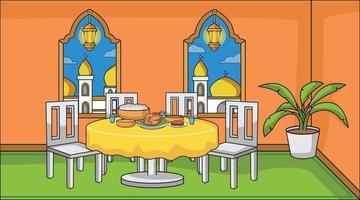 fundo família muçulmana religiosa na sala de jantar durante a festa iftar e muito food.ramadan lanterna muçulmana com plantas decorativas. vetor