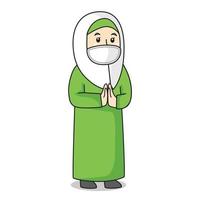 mulher ou mãe muçulmana usam vestido verde e muçulmano tradicional hijab branco. saudando o perdão no mês do ramadã, usando a máscara e a ilustração de protocol.character saudável. vetor