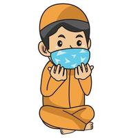menino muçulmano usa camisa laranja, orando em iftar. noite de Ramadã, usando máscara e ilustração de protocol.character saudável. vetor