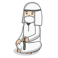 homem muçulmano usa vestido branco tradicional muçulmano. segurando tasbih e orando no mês do ramadã, usando máscara e ilustração de protocol.character saudável. vetor