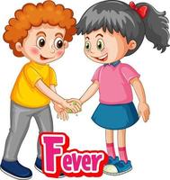 personagem de desenho animado de duas crianças não mantém distância social com fonte de febre isolada no fundo branco vetor