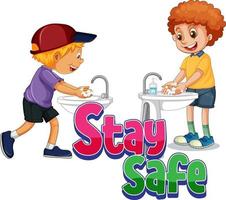 fique seguro design de fonte com um menino lavando as mãos em fundo branco vetor