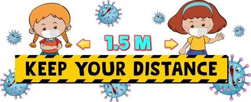 mantenha seu design de fonte à distância com duas crianças mantendo distância social isolada no fundo branco vetor