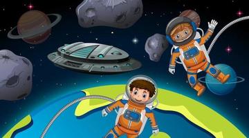 crianças astronautas na cena espacial vetor
