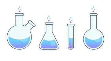 volta e fundo chato frascos, teste tubos com soluções e reagentes. químico reação. ilustração em a tema do química, biotecnologia, biologia. vetor