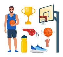 basquetebol elementos, definir. vários equipamento para basquete. basquetebol jogador, bola, cesta, tênis, xícara, assobiar. vetor ilustração.