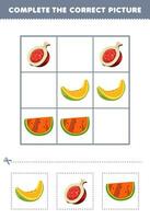 Educação jogos para crianças completo a corrigir cenário do uma fofa desenho animado Melão romã e Melancia imprimível fruta planilha vetor