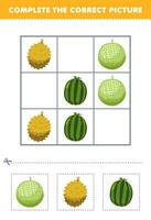 Educação jogos para crianças completo a corrigir cenário do uma fofa desenho animado Melão durian e Melancia imprimível fruta planilha vetor