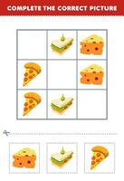 Educação jogos para crianças completo a corrigir cenário do uma fofa desenho animado queijo sanduíche e pizza imprimível Comida planilha vetor