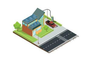 isométrico ilustração do cobrando a elétrico carro bateria às casa usando solar painéis, adequado para diagramas, infográficos e de outros gráfico relacionado ativos vetor