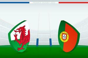 Combine entre país de gales e Portugal, ilustração do rúgbi bandeira ícone em rúgbi estádio. vetor