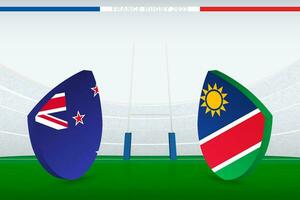 Combine entre Novo zelândia e namíbia, ilustração do rúgbi bandeira ícone em rúgbi estádio. vetor