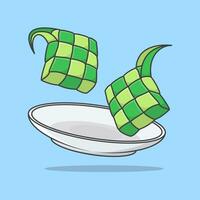 ketupat ou arroz bolinho de massa em uma prato desenho animado vetor ilustração. eid al fitr ketupat arroz Comida plano ícone esboço