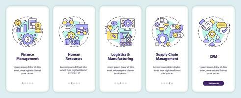 2d ícones representando empreendimento recurso planejamento Móvel aplicativo tela definir. passo a passo 5 passos colorida gráfico instruções com linear ícones conceito, interface do usuário, ux, gui modelo. vetor