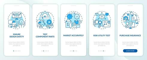 2d ícones representando produtos responsabilidade Móvel aplicativo tela definir. passo a passo 5 passos azul gráfico instruções com fino linha ícones conceito, interface do usuário, ux, gui modelo. vetor