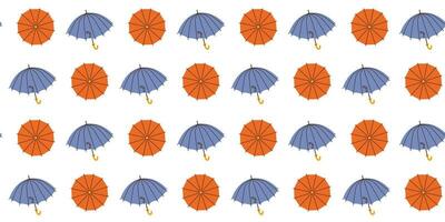 desatado padronizar com mão desenhado azul vermelho aberto guarda-chuvas em branco fundo dentro plano desenho animado estilo. para fundo, embalagem, têxtil vetor