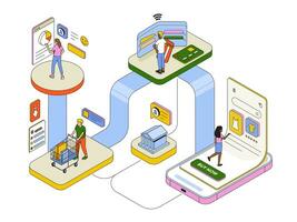 moderno isométrico ilustração Projeto - conectados compras vetor