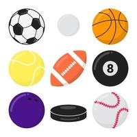 esporte jogos bolas estilo plano design ilustração vetorial conjunto isolado no fundo branco. futebol, pingue-pongue, basquete, tênis, futebol americano, bilhar, boliche, disco, beisebol - símbolos de jogos esportivos. vetor