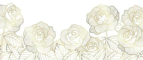 luxo dourado rosa flor linha arte fundo vetor. natural botânico elegante flor com ouro linha arte. Projeto ilustração para decoração, parede decoração, papel de parede, cobrir, bandeira, poster, cartão. vetor