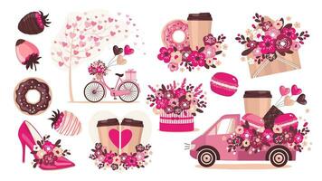 uma romântico conjunto com flores, uma rosquinha, café, uma bicicleta e uma carro. vetor clipart.