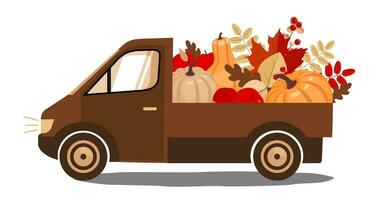 uma Castanho caminhão é transportando a outono colheita do abóboras. vetor