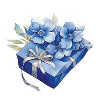 aguarela desenho, presente caixa com fitas e flores dentro azul. bebê Garoto vetor