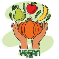 par do mãos segurando frutas e legumes vegano Comida estilo de vida vetor