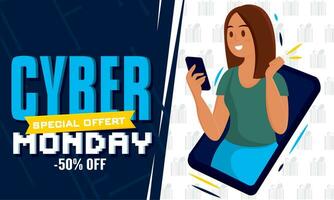 fêmea personagem compras em Móvel telefone cyber Segunda-feira vetor