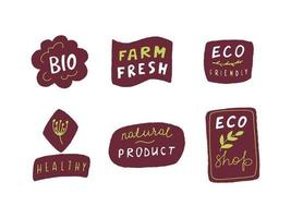 emblema ecológico definido no estilo handraw. logotipo orgânico. rótulos de produtos veganos, emblemas de alimentos naturais e vegetais ecológicos, adesivos de produtos frescos e saudáveis. ilustração vetorial vetor