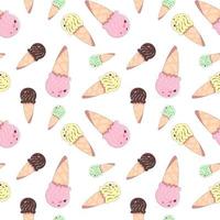 padrão sem emenda com sorvetes multicoloridos em cones de waffle. ilustração vetorial no fundo branco em estilo cartoon com acidente vascular cerebral