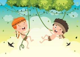 crianças felizes balançando com corda de raiz na selva