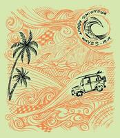 estilo livre despojado estilizado arte vetor ilustração com verão, litoral e surfar elementos. Projeto para impressão em Camisetas, cartazes e etc.