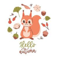Olá outono cartão postal com esquilo. bosque cartão com folhas e fofa floresta animal em branco fundo. vetor ilustração