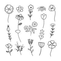 conjunto de ícones de vetor plano de flores e folhas desenhados à mão