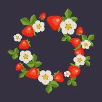 quadro com morangos, folhas e flores brancas em um fundo escuro. coroa de flores redonda com bagas. padrão de fruta brilhante. banner de comida de verão vetor