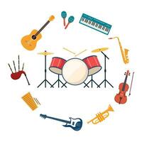 musical instrumentos, conjunto do ícones. guitarra, sintetizador, violino, violoncelo, tambor, pratos, saxofone, acordeão, pandeiro, grande piano. vetor ilustração.