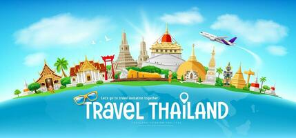 Tailândia turismo arquitetura, em mundo mapa, avião, bandeira Projeto em nuvem e céu azul fundo, eps 10 vetor ilustração