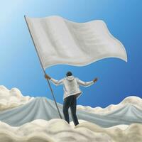 homem vestindo moletom com capuz segurando enorme em branco bandeira em topo do nublado montanhas vetor