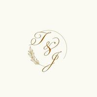 iniciais tj Casamento monograma logotipo com folhas e elegante circular linhas vetor