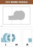 Educação jogos para crianças para aprender cvc palavra de completo a enigma do fofa desenho animado aro cenário imprimível planilha vetor