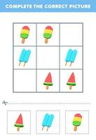 Educação jogos para crianças completo a corrigir cenário do uma fofa desenho animado picolé gelo imprimível Comida planilha vetor