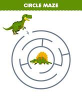 Educação jogos para crianças círculo Labirinto desenhar linha Socorro Yangcuanossauro mover para a dimetrodonte imprimível pré-histórico dinossauro planilha vetor