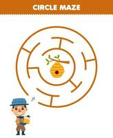 Educação jogos para crianças círculo Labirinto desenhar linha Socorro agricultor mover para a abelha colmeia imprimível Fazenda planilha vetor