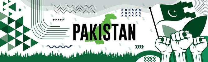 Paquistão nacional dia bandeira com mapa, bandeira cores tema fundo e geométrico abstrato retro moderno azul colot Projeto. abstrato moderno Projeto. vetor