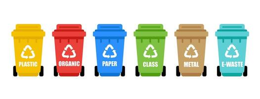 colorida reciclar plástico bins. vários tipos do resíduos orgânicos, plástico, metal, papel, vidro, eletrônico desperdício. separação do desperdício em lixo latas para reciclando vetor